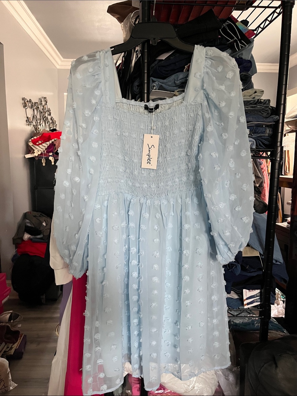 Simplee Apparel Pale Blue Smocked Textured Dress